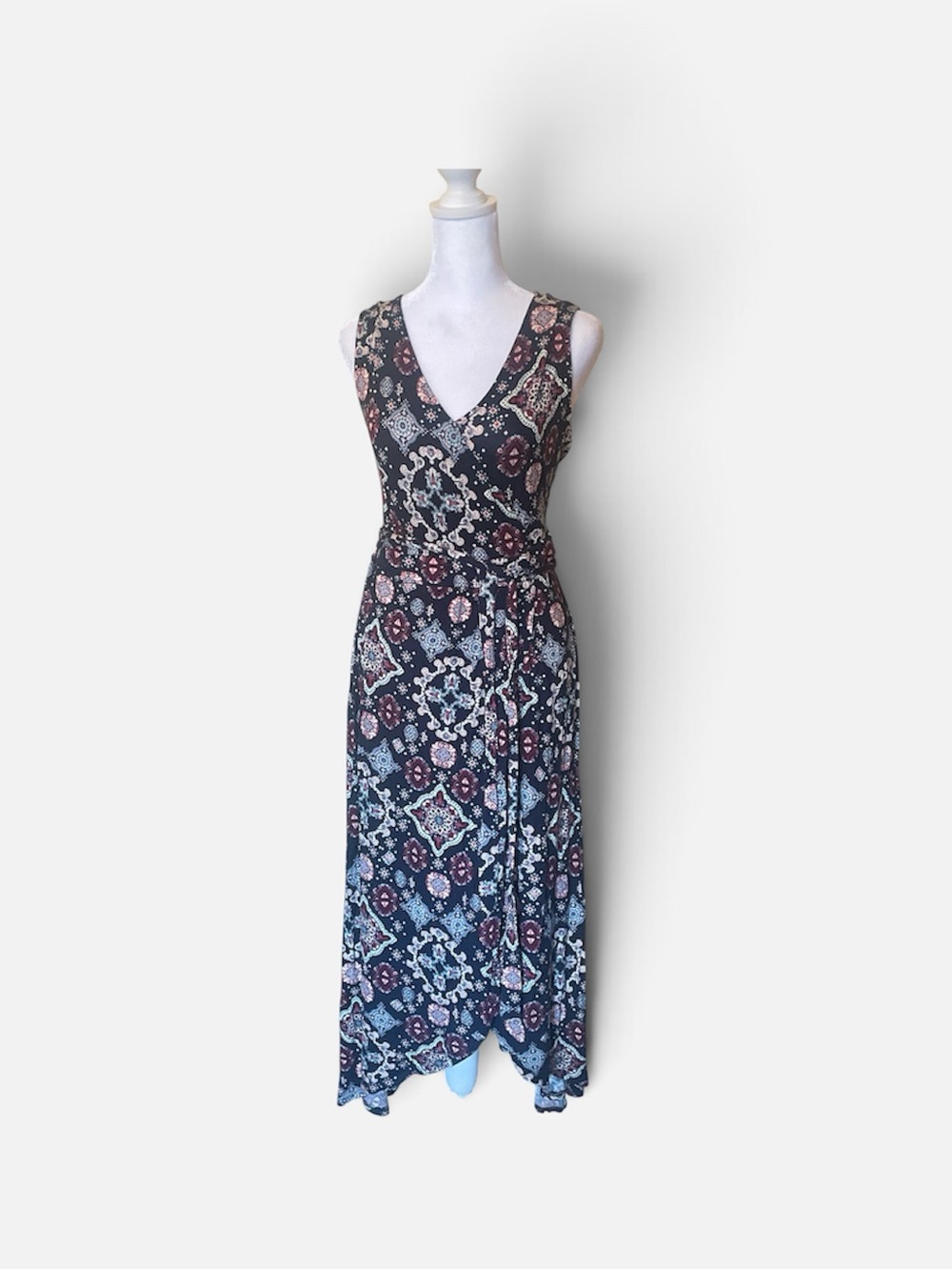 About A Girl Patterned Sleeveless V-Neck Maxi Dress - Black, Blue & Cream